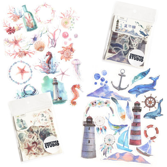 Washi Paper Stickers 40 Sea & Ocean Set | Whale Octopus Fish Crab Shell Beach - SweetpeaStore