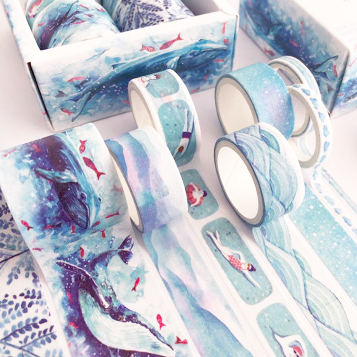 Blue Whale Washi Tape Set | Sea Waves Leaf Watercolour Tape | Journalling Scrapbooking Paper Craft - SweetpeaStore
