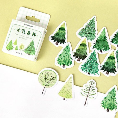 Green Tree Mini Box Stickers | 45 Peel Off Sticker Forest Watercolour Scrapbooking Journalling Cards Letters - SweetpeaStore