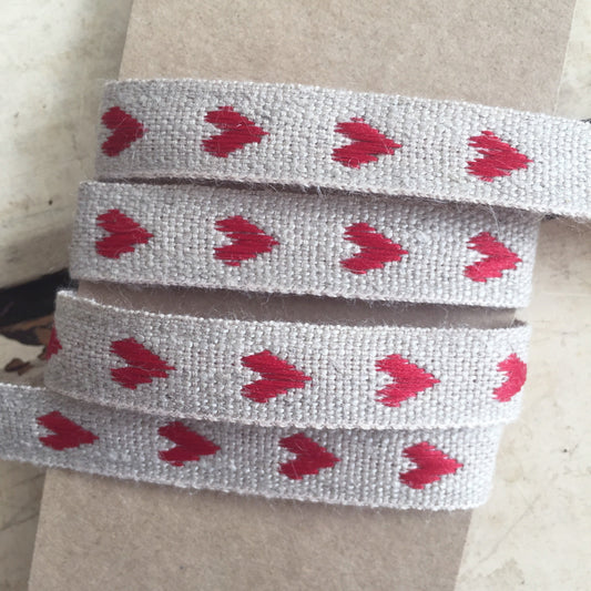 Linen Woven Heart Ribbon 10mm Rustic Red & Natural Cream | Craft Sewing Wedding Wrapping | Per Metre or Full 25m Roll - SweetpeaStore