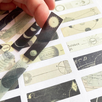 Map Planet Sun & Moons Mini Sticker Strips | 2 Sheets of Stickers Vintage Celestial or Atlas | 5cm x 1.2cm | Travel Albums Scrapbooking - SweetpeaStore