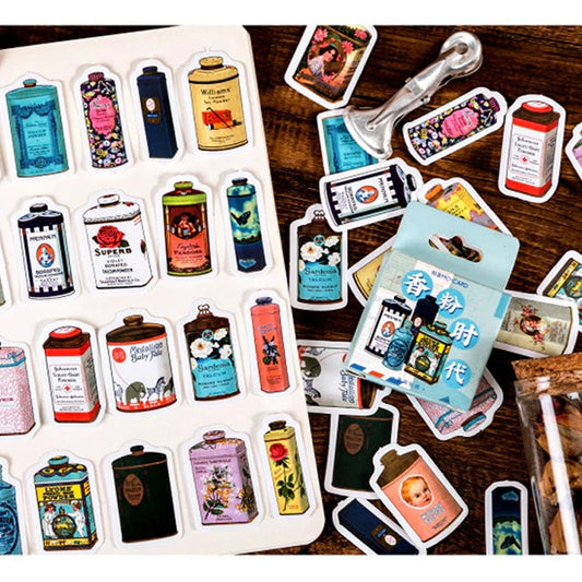 Vintage Talcum Powder Bottle Stickers | Set of 46 Scrapbooking Mini Box Scrapbook Journalling Stationery Peel Off Sticker - SweetpeaStore