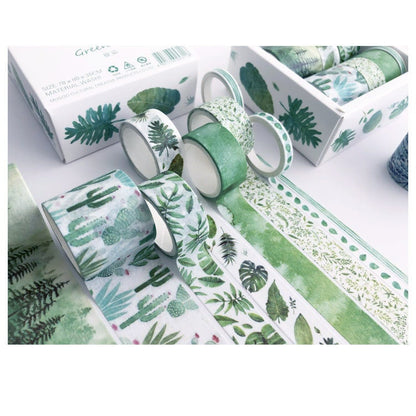Tropical Green Washi Tape Set | Summer Plants Cactus Rubber Plant | Journalling Scrapbooking Paper Craft | Set of 8 - SweetpeaStore