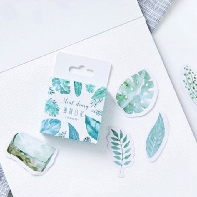 Green Stickers | 45 Watercolour Leaf Palm Leaves Rubber Plant Mini Box Sticker | Peel Off Sticker | Scrapbooking Journalling - SweetpeaStore