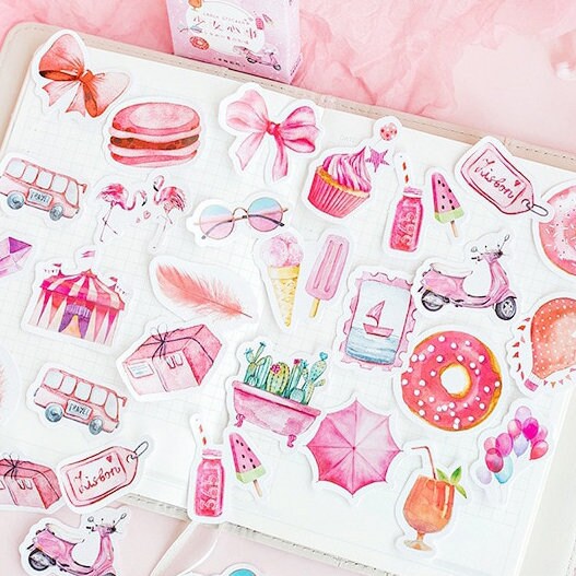 Pink Watercolour Mini Box Stickers | 46 Pretty Peel Off Sticker | Scrapbooking Journal Stationery Cards - SweetpeaStore