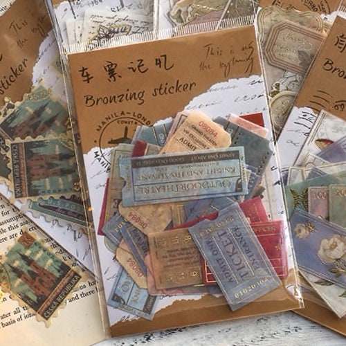 40 Vintage Travel Cinema Ticket Sticker Set | Gold Foiled | Scrapbooking Junk Journalling - SweetpeaStore