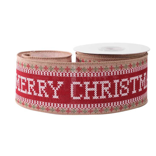 63mm x 10 yard Roll Merry Christmas Cross Stitch Red White Print Hessian Ribbon - SweetpeaStore