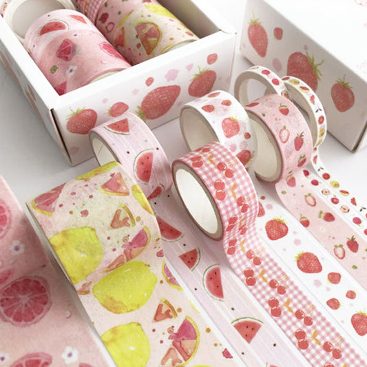 Pink Washi Tape | Set of 8 | Summer Fruits Strawberry Cherry Apple Cute Journalling Stationery - SweetpeaStore