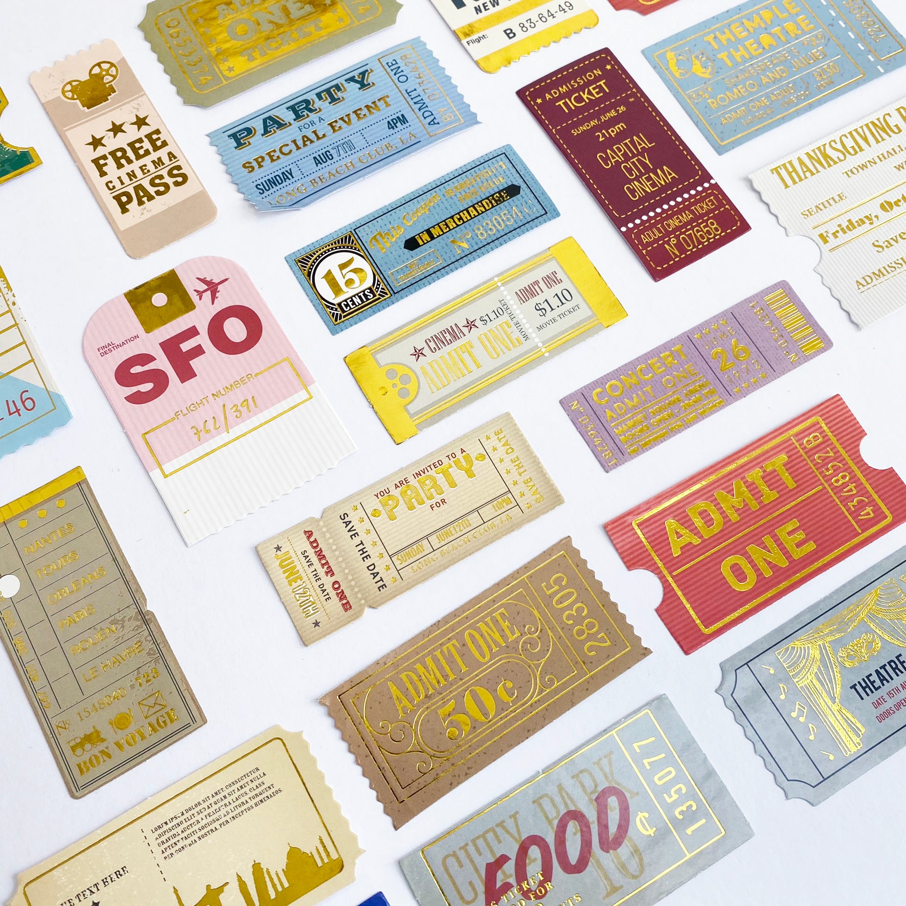 Cute Ticket Stickers | Gold Foil Paper Peel Off | Journal Scrapbook Vintage 24 pcs - SweetpeaStore