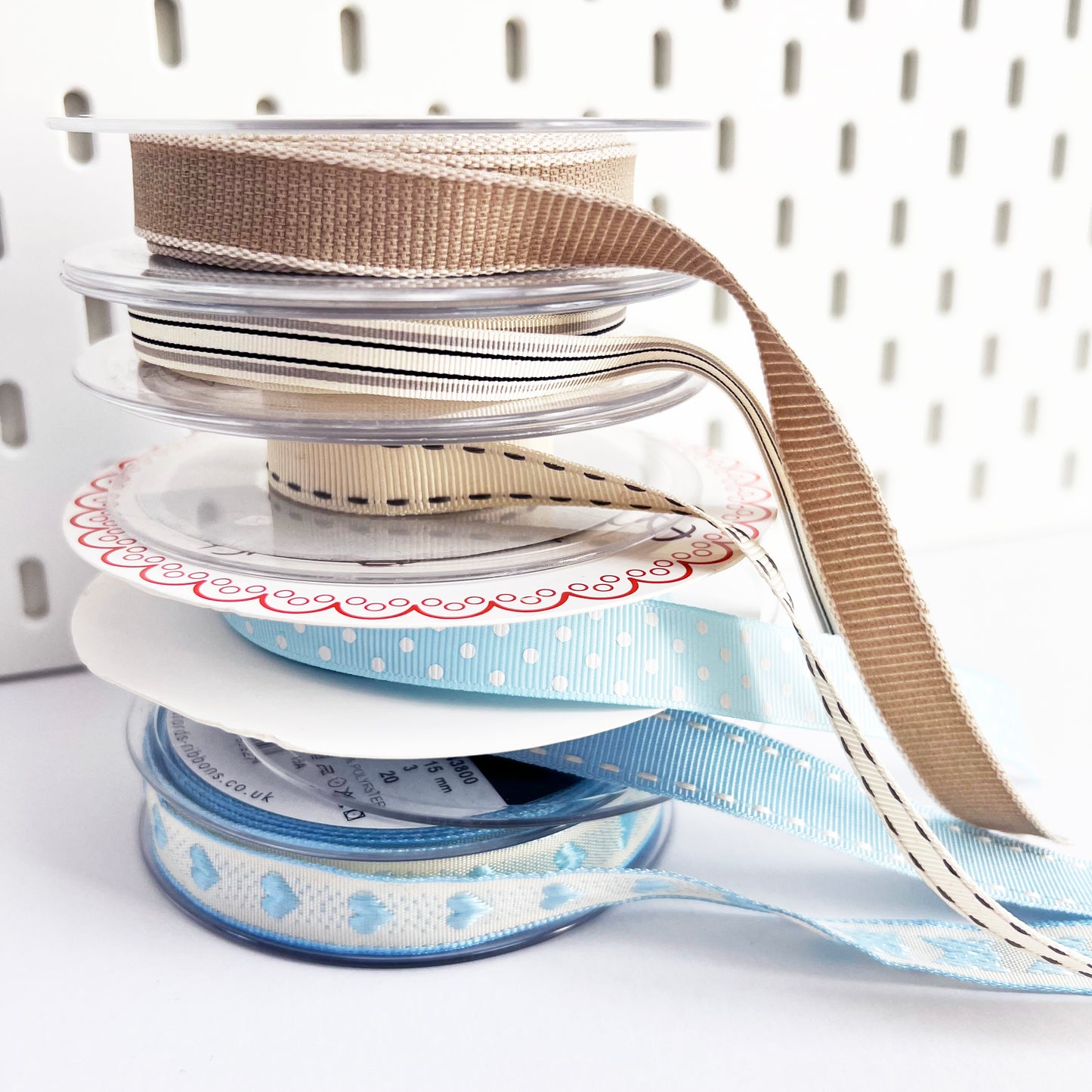 Blue & Neutral Ribbon | Grosgrain Heart Spot Stripe | Baby Shower Wrapping Craft | 16mm 10mm - SweetpeaStore