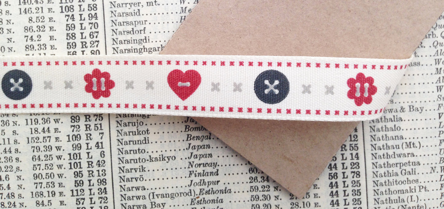 Button & Heart Ribbon | Cream Printed Craft Wrap 1m - 20m Full Roll 15mm Polyester - SweetpeaStore