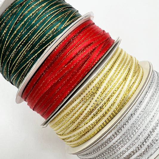 3mm Metallic Edge Satin Ribbon | 25m Roll Gold Silver Green Red |  Decorations Wrapping - SweetpeaStore