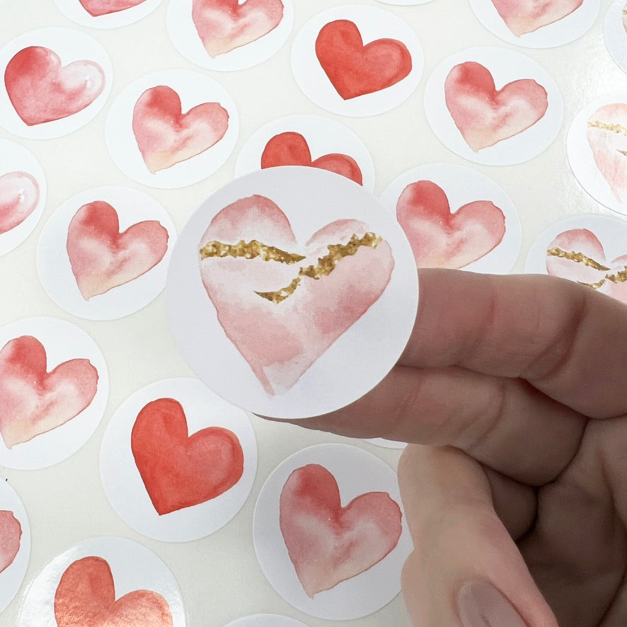 Heart Watercolour Stickers | 35 White Gloss Paper 37mm Round Peel-off | Valentine's Wrapping - SweetpeaStore