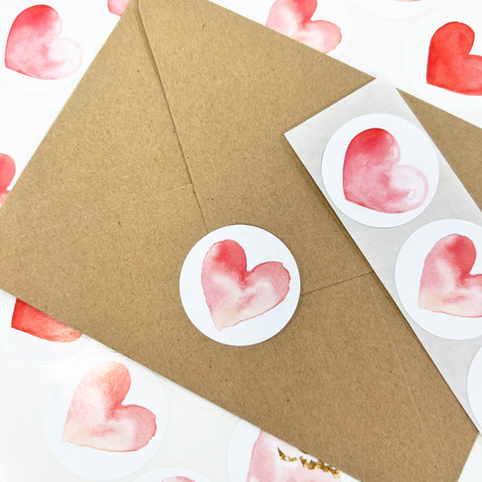 Heart Watercolour Stickers | 35 White Gloss Paper 37mm Round Peel-off | Valentine's Wrapping - SweetpeaStore