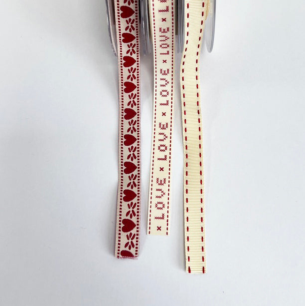 Red & Cream Love Ribbon | Gift Wrap | Hearts Love Stitch | 15mm Grosgrain Craft - SweetpeaStore