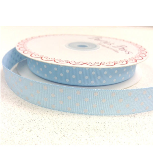 16mm Baby Blue & White Polka Dot Spot Grosgrain Ribbon - SweetpeaStore