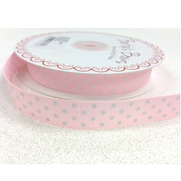 16mm Baby Pink & White Polka Dot Spot Grosgrain Ribbon - SweetpeaStore