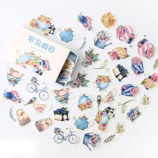 Pink & Blue Watercolour Flowers Foliage & Tea Matchbox Sticker Box Set - SweetpeaStore