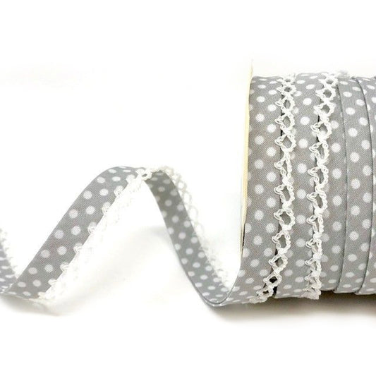 12mm Grey & White Polka Dot Spot & Lace Folded Bias Binding Trim - SweetpeaStore