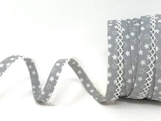 12mm Grey & White Star Print Pre-Folded Bias Binding with Pique Lace Edge Trim - SweetpeaStore