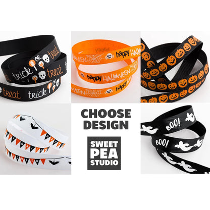 16mm x 5m White Happy Halloween White Grosgrain Ribbon  - SweetpeaStore