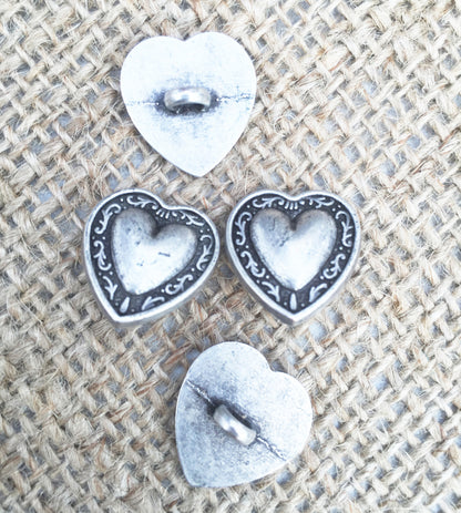 4 Silver Metal Heart Buttons - 16mm - SweetpeaStore