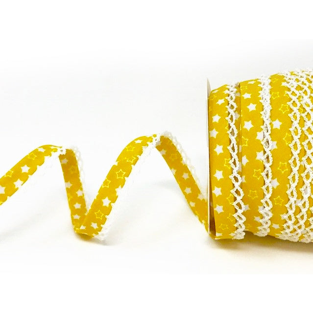 12mm Mustard Yellow & White Star Print Pre-Folded Bias Binding with Pique Lace Edge Trim - SweetpeaStore