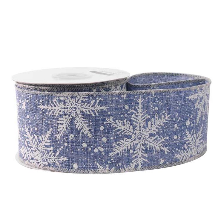 63mm x 10 yard Roll Wired Christmas Luxury Christmas Blue & White Snowflake Jute Ribbon - SweetpeaStore