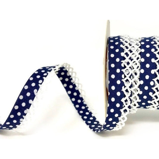Navy Blue & White Polka Dot Spot & Lace Folded Bias Binding Trim - SweetpeaStore