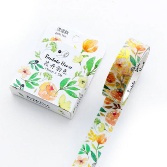 Foiled Metallic Gold Orange Yellow Flower Washi Paper Tape - 15mm x 5m - SweetpeaStore