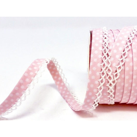 12mm Pink & White Polka Dot Spot & Lace Polka Dot Lace Edge Folded Bias Binding Trim - SweetpeaStore