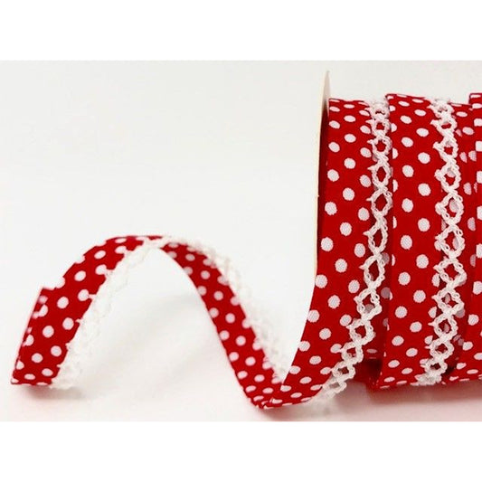 12mm Red & White Polka Dot Spot & Lace Folded Bias Binding Trim - SweetpeaStore