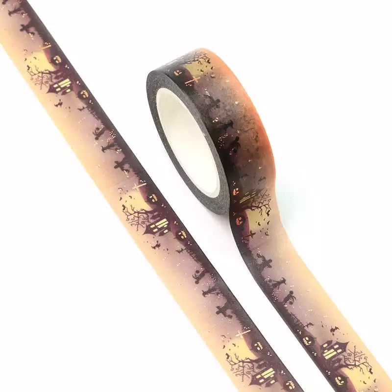 Rose Gold Foil Detail Haunted House Halloween Washi Tape - 15mm x 10m Roll - SweetpeaStore