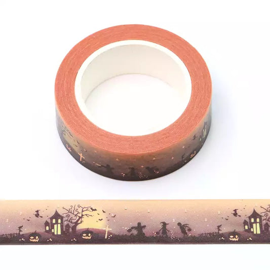 Rose Gold Foil Detail Haunted House Halloween Washi Tape - 15mm x 10m Roll - SweetpeaStore