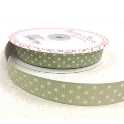 16mm Sage Green & Cream Polka Dot Spot Grosgrain Ribbon - SweetpeaStore